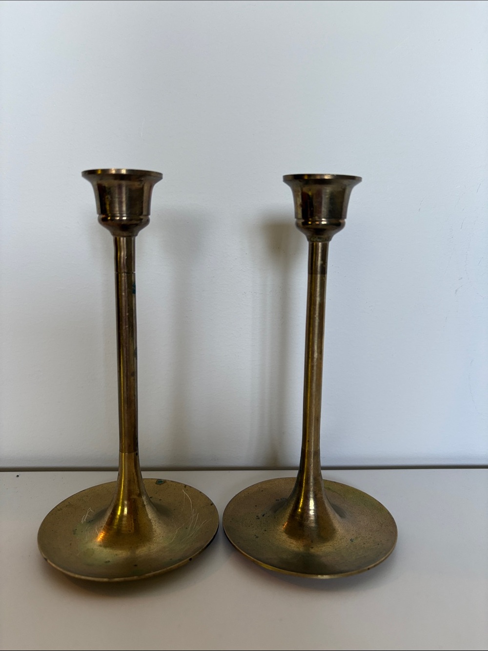 Vintage Brass Trumpet Candlestick Holders Pair MCM